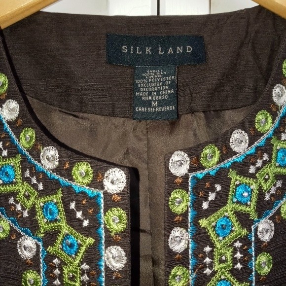 Silk Land Chocolate Brown Geometric design Embroidered Blazer/Jacket M - Picture 5 of 9